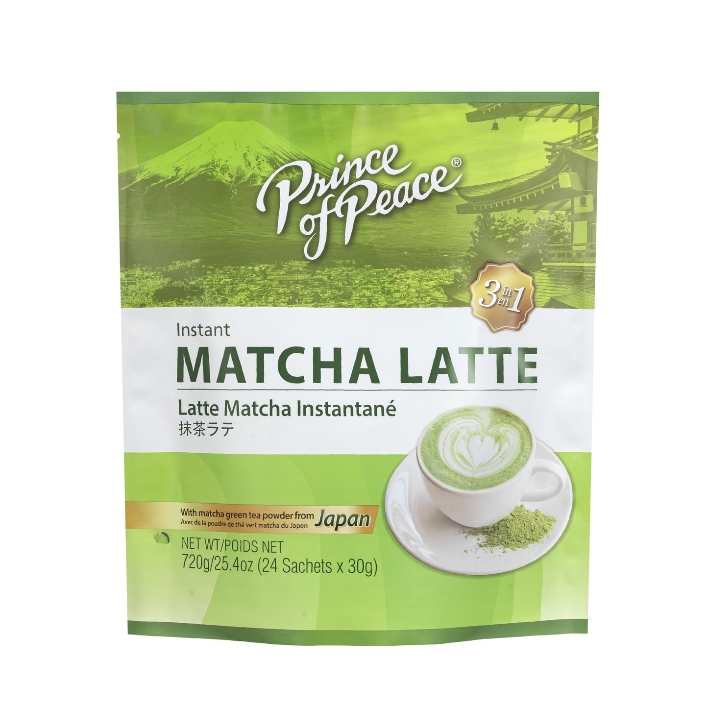 Prince of Peace 3 in 1 Matcha Latte Instant Beverage, 24 Sachets Made with Matcha Powder from Japan - Instant Hot or Cold Beverage