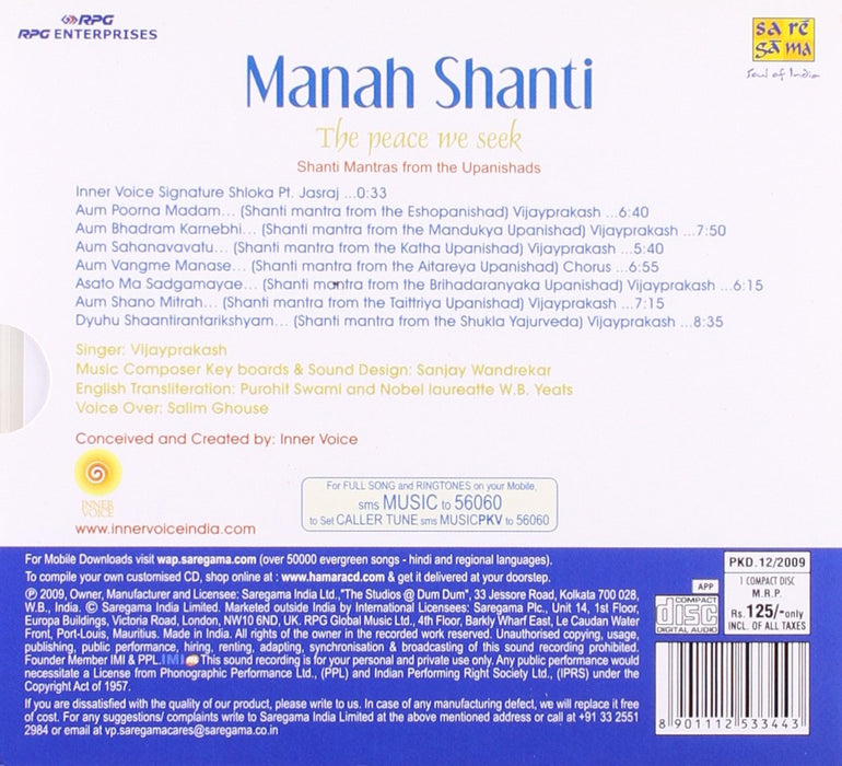 MANAH SHANTI THE PEACE WE SEEK [Audio CD] VIJAY PRAKASH