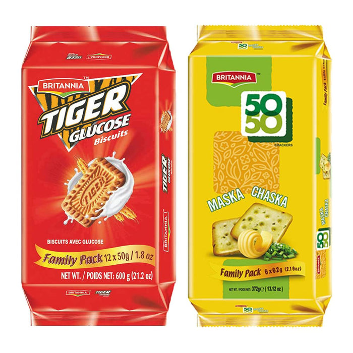 BRITANNIA Crackers 50 50 Maska Chaska Biscuit 13.12oz (372g) & Tiger Glucose Biscuits Family Pack 21.2oz (600g) - 1 Each (Pack of 2)