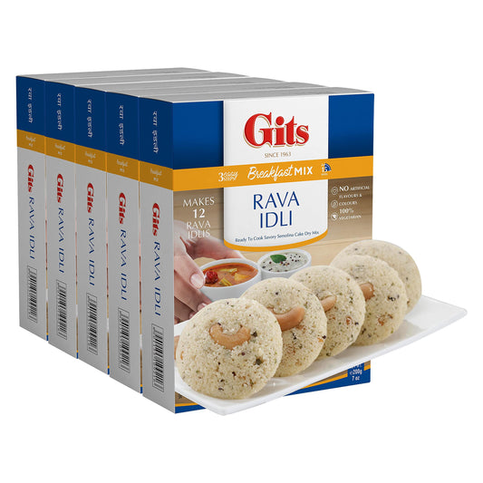 Gits Rava Idli Mix, 87.5 Oz (Pack of 5 X 17.5 Oz Each) Ready to Cook Indian Breakfast, Snack Meal | 100% Vegetarian, Easy Recipe, No Artificial Colors, Flavors, Preservatives. Vegan.