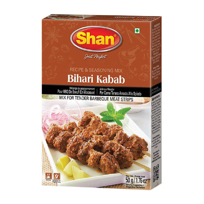 Shan Bihari Kabab Recipe and Seasoning Mix 1.76 oz (50g) - Spice Powder for Tender Barbecue Meat Strips - Suitable for Vegetarians - Airtight Bag in a Box