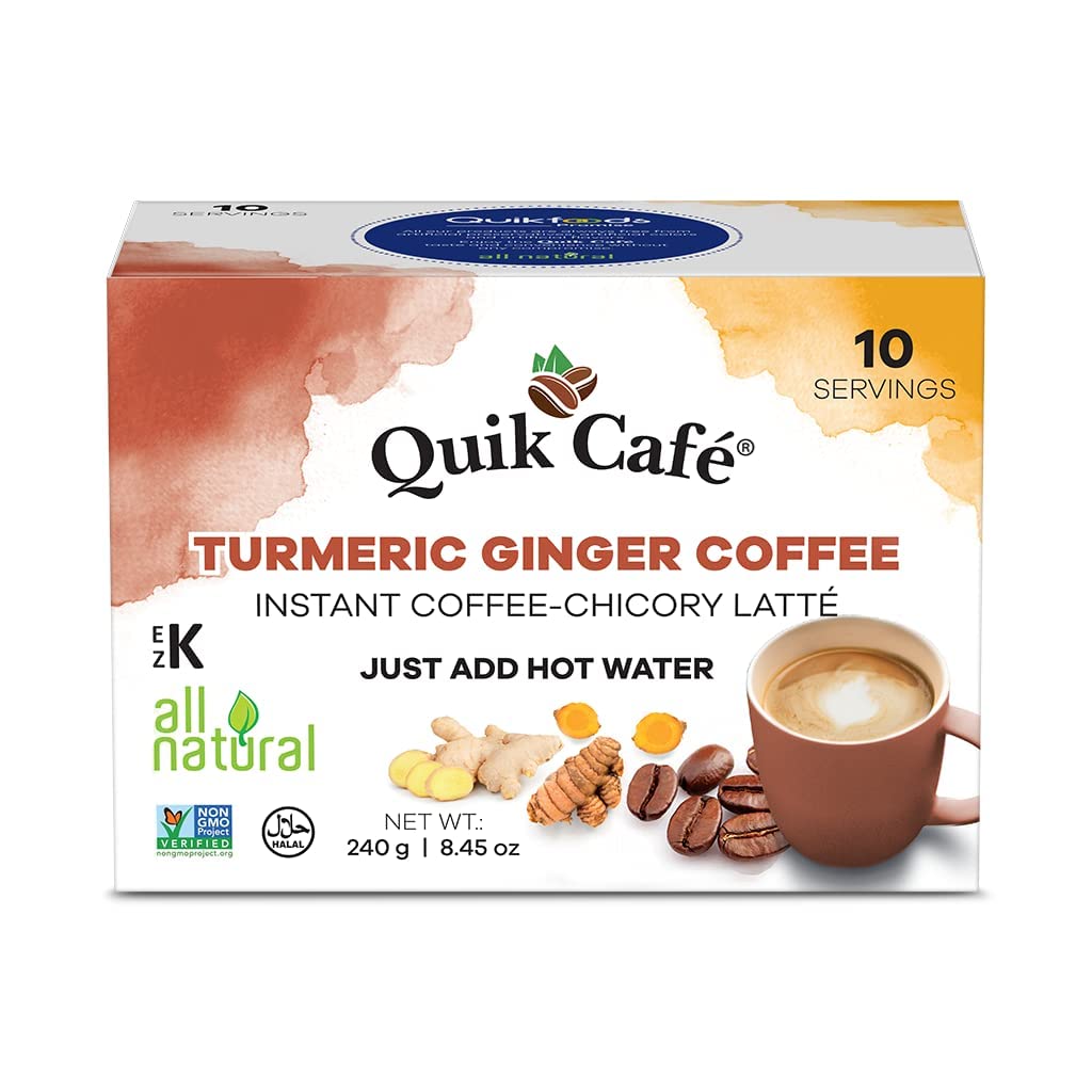 Quik Cafe Turmeric Ginger Instant Coffee Latte - 10 Count Single Box - All Natural Superfood Golden Coffee