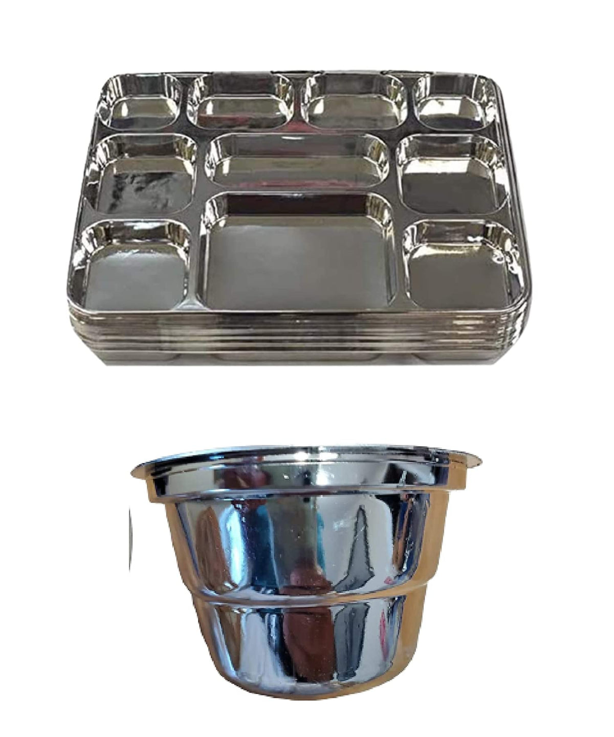 Disposable Plates 10 Compartment Silver Thali Plates Trays - For Indian Puja, Partys, Weddings
