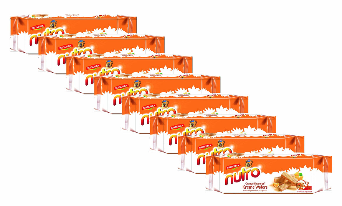 BRITANNIA Nutro Wafers Orange 2.65oz (75g) - Healthy Breakfast & Tea Time Snacks - Orange Flavoured Cream Wafer - Suitable for Vegetarians (Pack of 8)