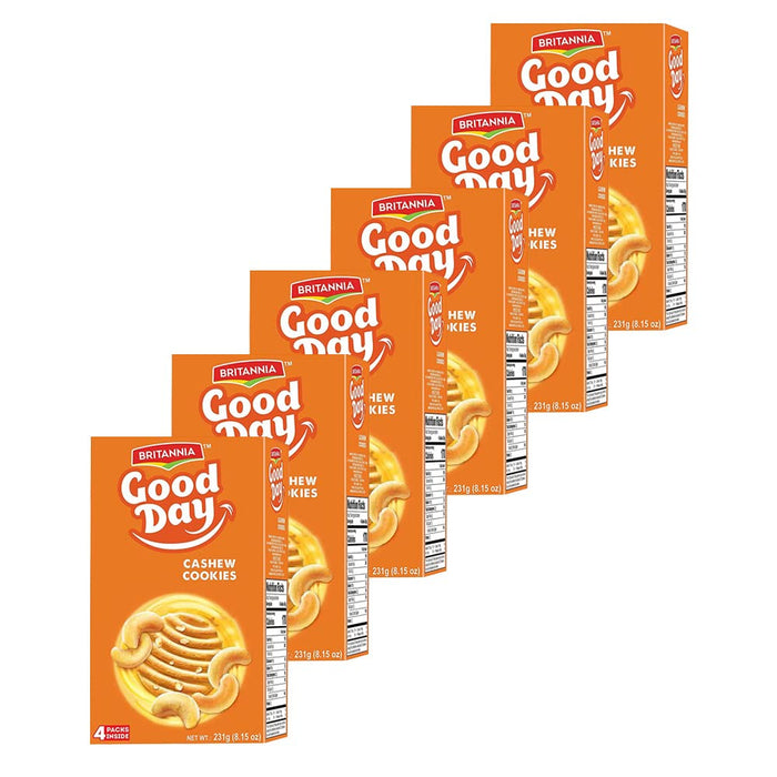 Britannia Good Day Cashew Cookies Family Pack 8.15oz (231g) - Breakfast & Tea Time Snacks - Delicious Grocery Cookies - Halal and Suitable for Vegetarians (Pack of 6)