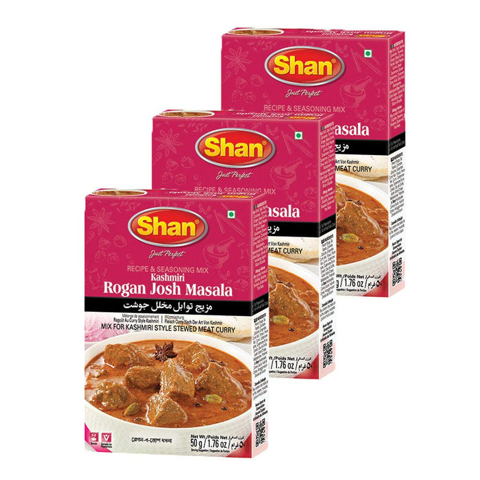 Shan Kashmiri Rogan Josh Recipe and Seasoning Mix 1.76 oz (50g) - Spice Powder for Kashmiri Style Stewed Meat Curry - Suitable for Vegetarians - Airtight Bag in a Box (Pack of 3)
