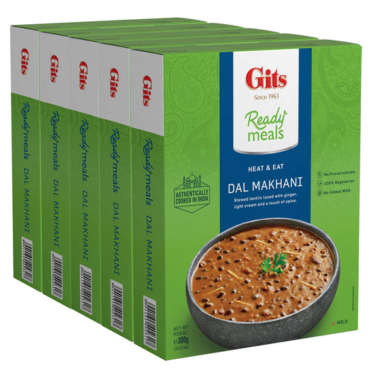 Gits Ready to Eat Dal Makhani - Indian Black & Red Lentils cooked on Tandoor for 12 hours simmered in a thick tomato & creamy base) | Vegetarian | Non-Spicy. Ready to Eat Entre | 52.5 Oz (Pack of 5 X 10.5 Oz each)