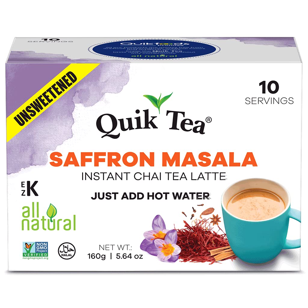 QuikTea Saffron Masala Chai Tea Latte - 10 Count Single Box - Non GMO All Natural Wellness Comfort Tea (Unsweetened)