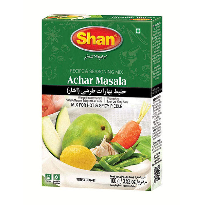 Shan Achar Recipe and Seasoning Mix 3.52 oz (100g) - Spice Powder for Traditional Hot and Spicy Pickle - Suitable for Vegetarians - Airtight Bag in a Box