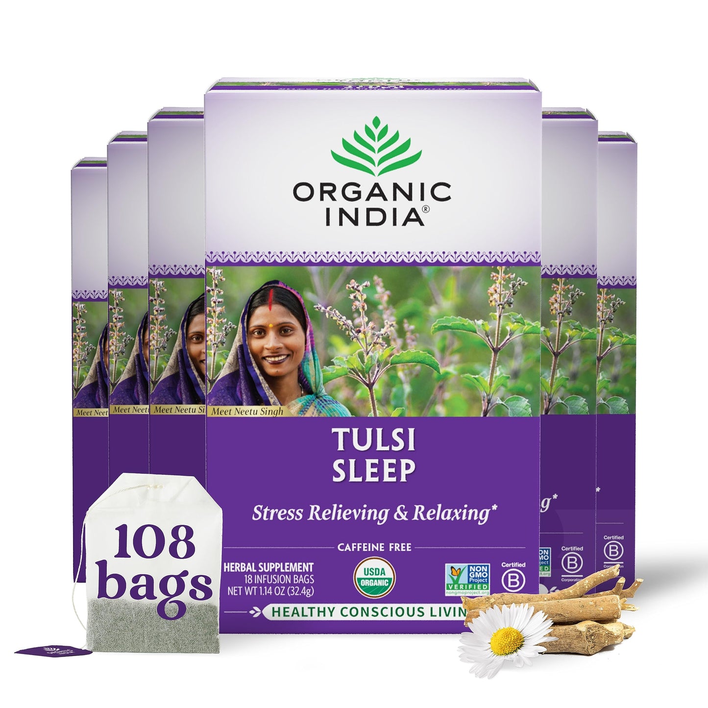 Organic India Tulsi Sleep Herbal Tea - Holy Basil, Stress Relieving & Relaxing, Immune Support, Balances Sleep Cycles, Vegan, USDA Certified Organic, Non-GMO, Caffeine-Free - 18 Infusion Bags, 6 Pack