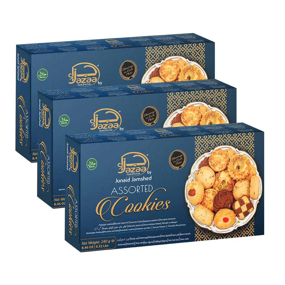 Jazaa Assorted Cookies 240g (8.46oz) | Pack of 3 | Blessings in Each Plate | Halal | Breakfast and Tea Time Snacks | Delightfully Smooth & Delicious