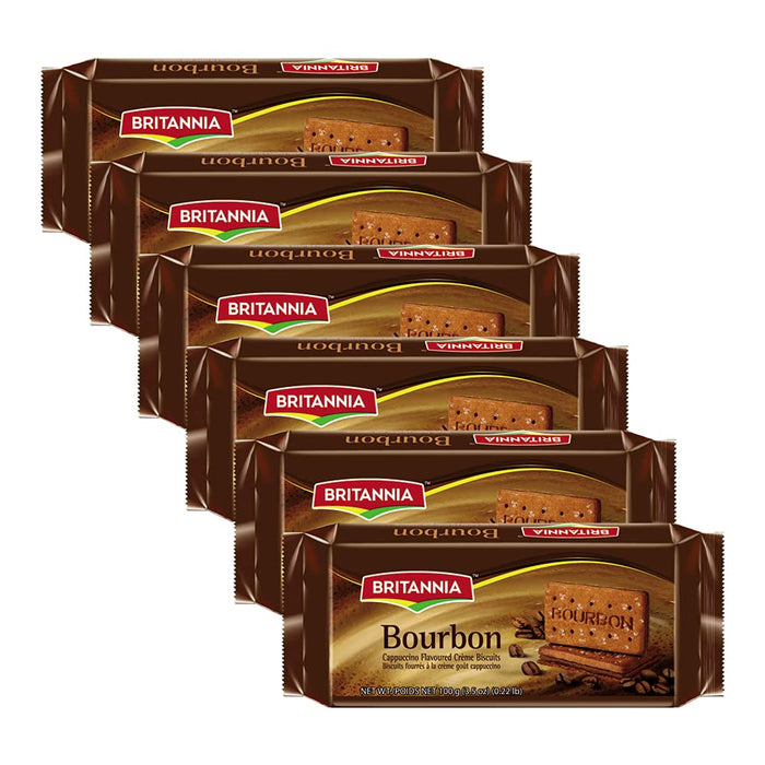 BRITANNIA Bourbon the Original - Cappuccino Creme Biscuits 3.52oz (100g) - Smooth Chocolate Cream Biscuits for Breakfast & Snacks - Topped with Sugar Crystals (Pack of 6)