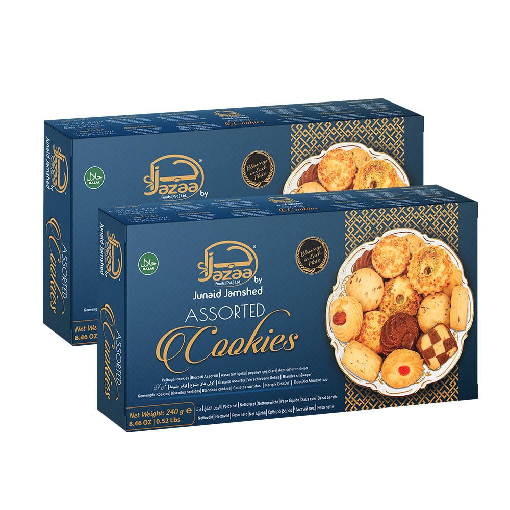 Jazaa Assorted Cookies 240g (8.46oz) | Pack of 2 | Blessings in Each Plate | Halal | Breakfast and Tea Time Snacks | Delightfully Smooth & Delicious