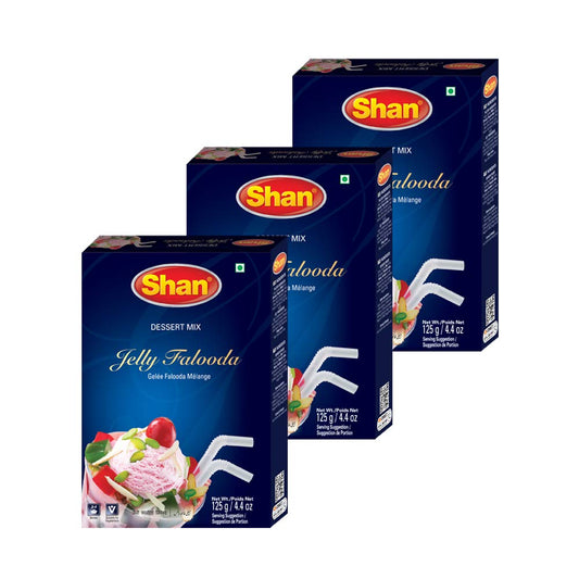 Shan Jelly Falooda Dessert Mix 4.41 oz (125g) - Powder for Ice Cream, Dry Fruit, Jelly and Noodles Milk Shake - Suitable for Vegetarians - Airtight Bag in a Box (Pack of 3)