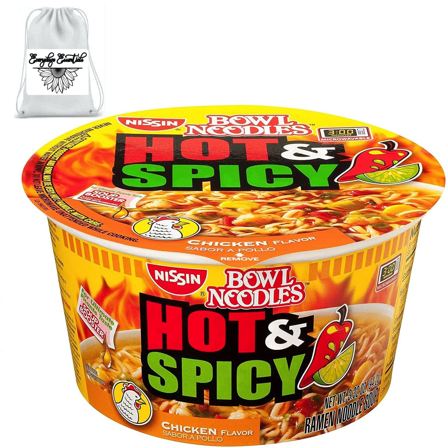 Everydaze Essentials Nissin Hot and Spicy Bowl Noodles Chicken, 3.32 Ounce (Pack of12)~Includes Everydaze Essentials porte pot and carrier