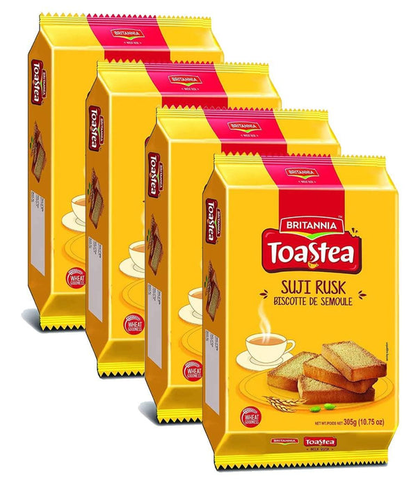 BRITANNIA Toastea Suji Rusk 10.75oz (305g) - Biscotte De Semoule - Crispy Tea Time Snack - Crispy Crunchy Toast - Halal and Suitable for Vegetarians (Pack of 4)