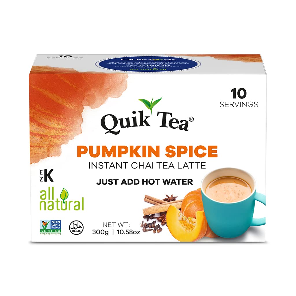 Quik Tea Pumpkin Spiced Masala Instant Chai Tea Latte Premix - 10 Count Single Box - All Natural Preservative Free Seasonal Convenient Chai