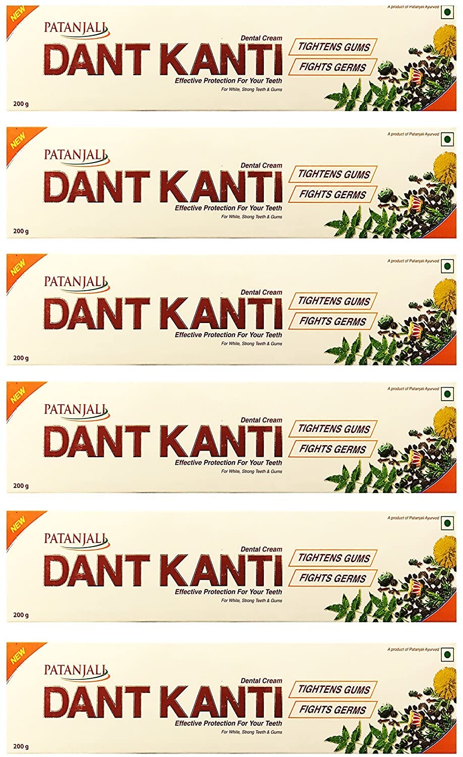 Patanjali Dant Kanti Toothpaste for Healthy Shiny Teeth and Gum All Protection Sensitivity Relief, Plaque Removal, Cavity Protection, Bad Breath Treatment -200 Grams (7 Ounces) Pack of 6