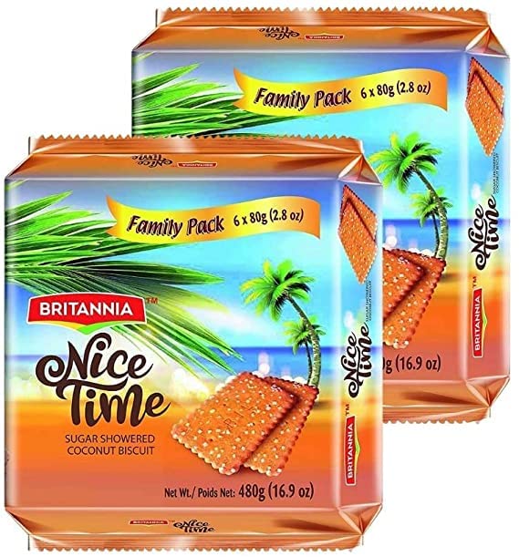 BRITANNIA Nice Time 16.9oz (480g) - Delicious Coconut Biscuit Crunchy - Kids Favorite Breakfast & Tea Time Snacks - Halal and Suitable for Vegetarians (Pack of 2)