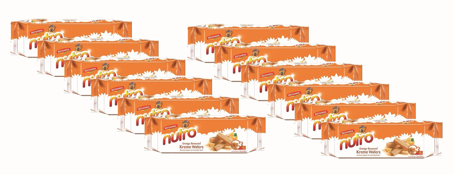 BRITANNIA Nutro Wafers Orange 2.65oz (75g) - Healthy Breakfast & Tea Time Snacks - Orange Flavoured Cream Wafer - Suitable for Vegetarians (Pack of 12)