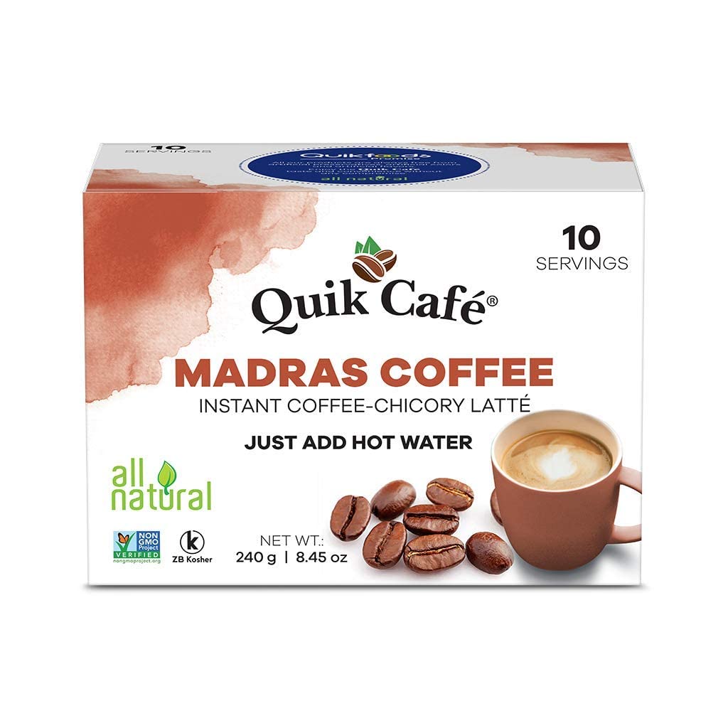 Quik Caf Madras Coffee - Single Box 10 Count - All Natural & Preservative Free Instant Coffee.