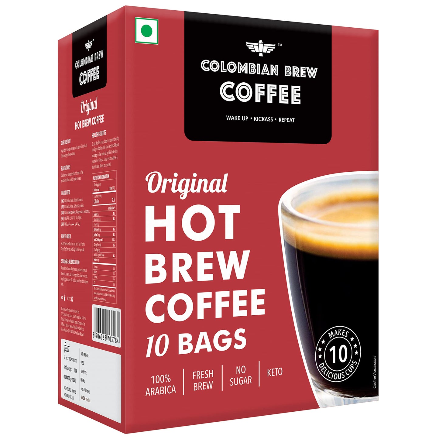Colombian Brew Coffee Arabica Original Hot Brew 10 Bags, 10 Cups