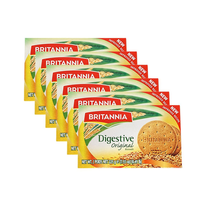 BRITANNIA Digestive Original Biscuits 7.93oz (225g) - Whole Wheat Flavor Cookies - Breakfast & Tea Time Healthy Snacks - Suitable for Vegetarians (Pack of 6)