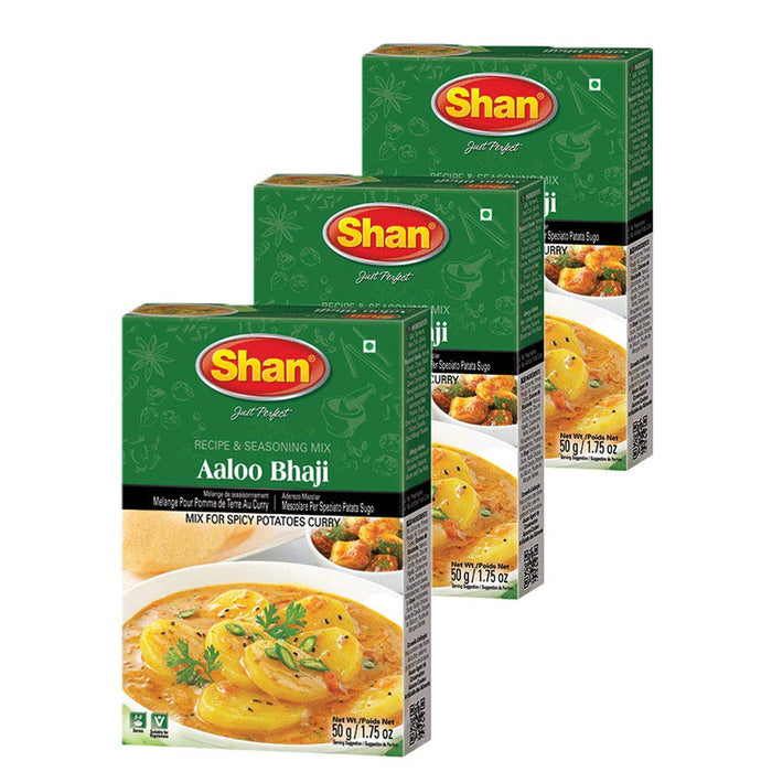 Shan Aaloo Bhaji Recipe and Seasoning Mix 1.76 oz (50g) - Spice Powder for Traditional Spicy Potatoes Curry - Suitable for Vegetarians - Airtight Bag in a Box (Pack of 3)