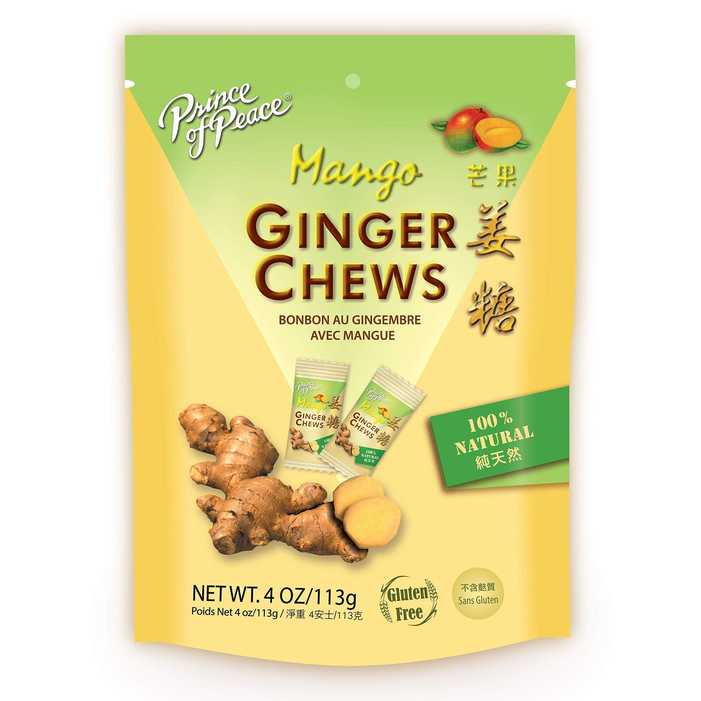Prince of Peace Ginger Chews With Mango, 4 oz. Candied Ginger Mango Candy Mango Ginger Chews Natural Candy Ginger Candy