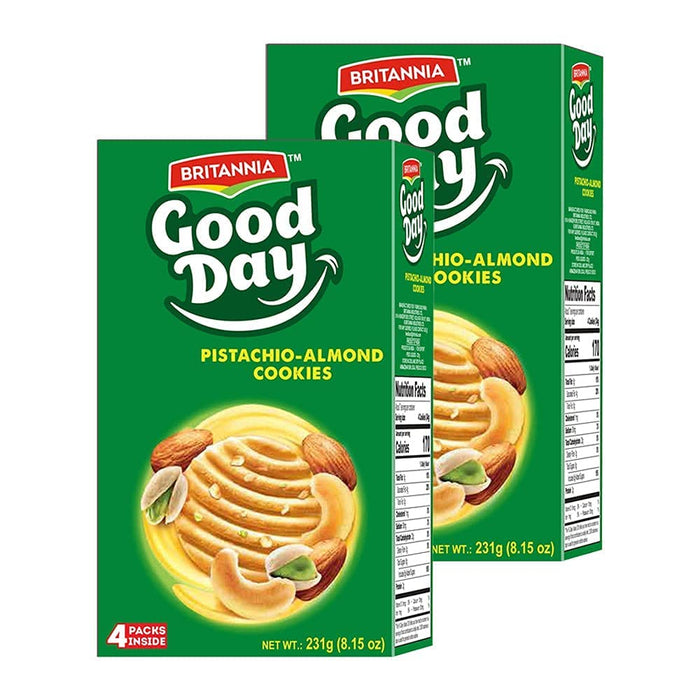 BRITANNIA Good Day Pistachio/Almond Cookies 8.15oz (231g) - Breakfast & Tea Time Snacks - Delicious Grocery Cookies - Halal and Suitable for Vegetarians (Pack of 2)