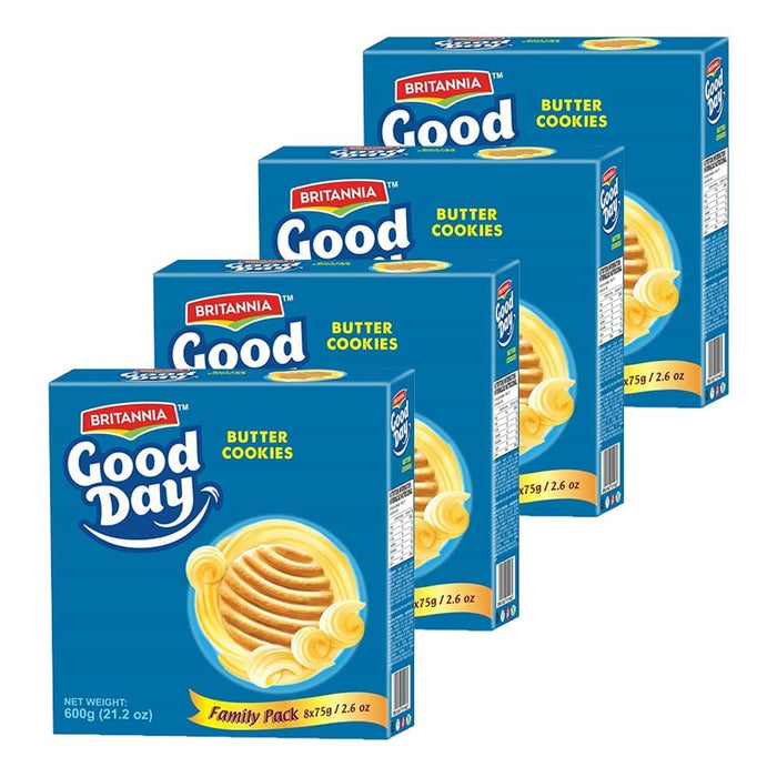 BRITANNIA Good Day Butter Cookies Family Pack 21.2oz (600g) - Breakfast & Tea Time Snacks - Delicious Grocery Cookies - Halal and Suitable for Vegetarians (Pack of 4)