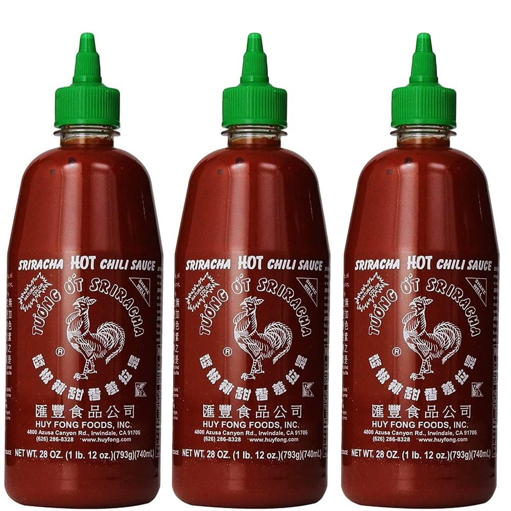 The Original Huy Fong Sriracha, 28 OZ Rooster Sriracha Chili Sauce, Spicy Flavor Hot Sauce W/Chili Pepper, Low Carb Classic Cook Sriracha Chili Paste for Hotdogs Eggs Burgers Soups Tacos, 3-Pack