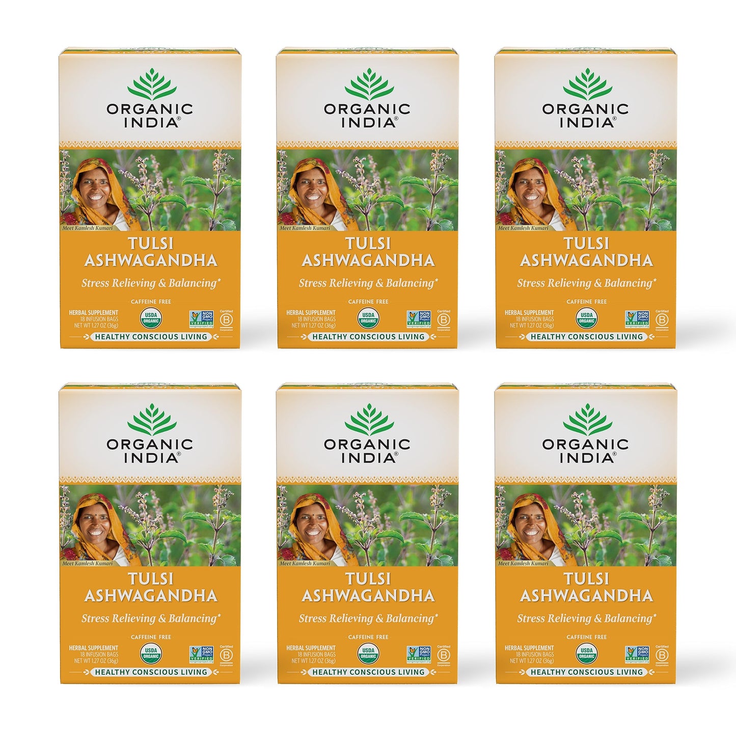 Organic India Tulsi Ashwagandha Herbal Tea - Holy Basil, Stress Relieving & Balancing, Immune Support, Adaptogen, Vegan, USDA Certified Organic, Caffeine-Free - 18 Infusion Bags, 6 Pack