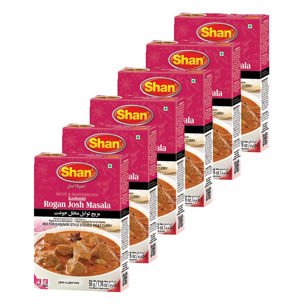 Shan Kashmiri Rogan Josh Recipe and Seasoning Mix 1.76 oz (50g) - Spice Powder for Kashmiri Style Stewed Meat Curry - Suitable for Vegetarians - Airtight Bag in a Box (Pack of 6)