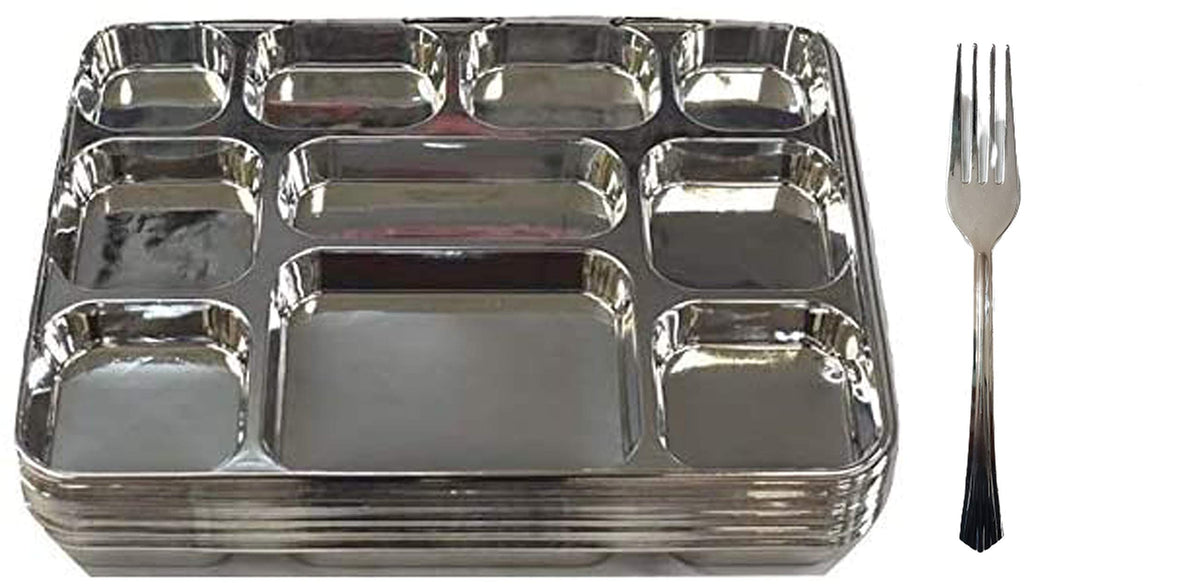 Disposable Plates 10 Compartment Silver Thali Plates Trays - For Indian Puja, Partys, Weddings