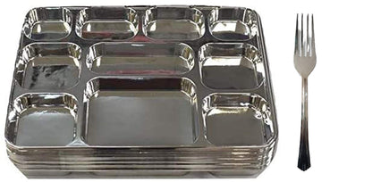 Disposable Plates 10 Compartment Silver Thali Plates Trays - For Indian Puja, Partys, Weddings