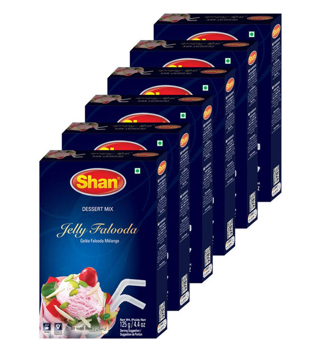 Shan Jelly Falooda Dessert Mix 4.4 oz (125g) - Powder for Ice Cream, Dry Fruit, Jelly and Noodles Milk Shake - Suitable for Vegetarians - Airtight Bag in a Box (Pack of 6)