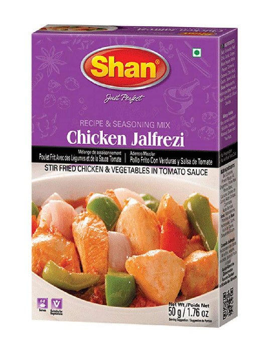 Shan Chicken Jalfrezi Recipe and Seasoning Mix 1.76 oz (50g) - Spice Powder for Stir Fried Chicken and Vegetables in Tomato Sauce - Suitable for Vegetarians - Airtight Bag in a Box (Pack of 24)
