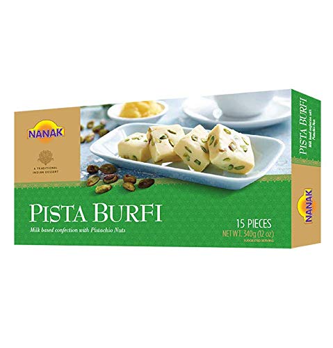 Nanak Pista Burfi (Pistachio Fudge) 340g 15pcs Indian Delicacy Sweets Gift Box for Diwali, Eid, Navratri, Holi, Rakhi