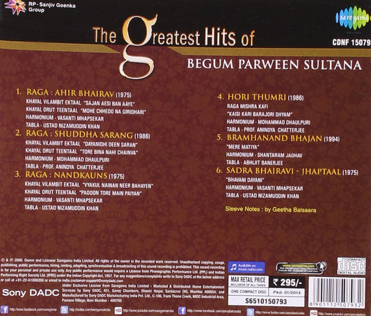 THE GREATEST HITS OF BEGUM PARWEEN SULTANA [Audio CD] BEGUM PARWEEN SULTANA