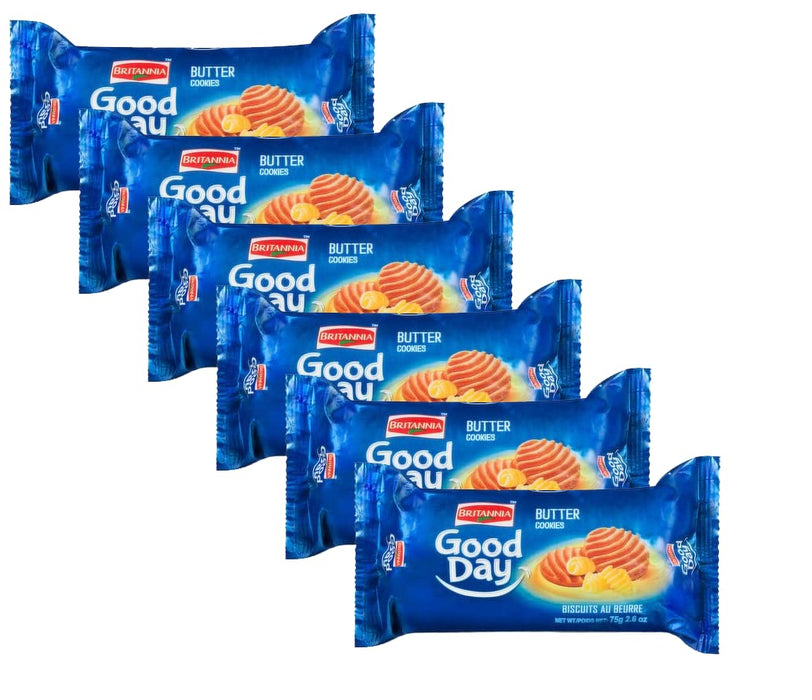 BRITANNIA Good Day Butter Cookies 2.6oz (75g) - Breakfast & Tea Time Snacks - Delicious Grocery Cookies - Halal and Suitable for Vegetarians (Pack of 6)