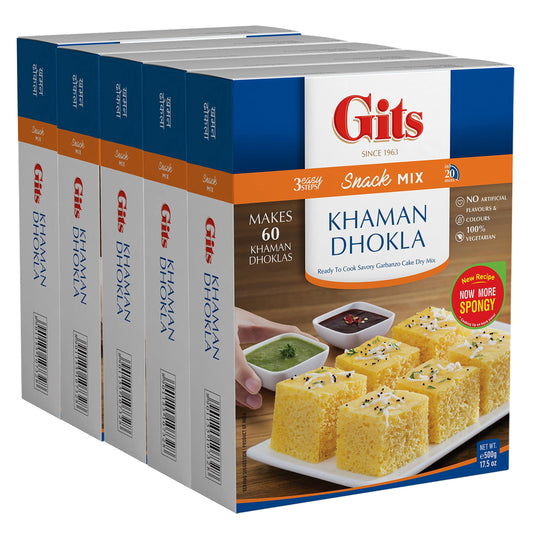 Gits Khaman Dhokla Instant mix 87.5 Oz (Pack of 5X17.5 Oz each) Ready to Cook Indian Breakfast, Snack Meal | 100% Vegetarian, Easy Recipe, No Artificial Colors, Flavors, Preservatives.