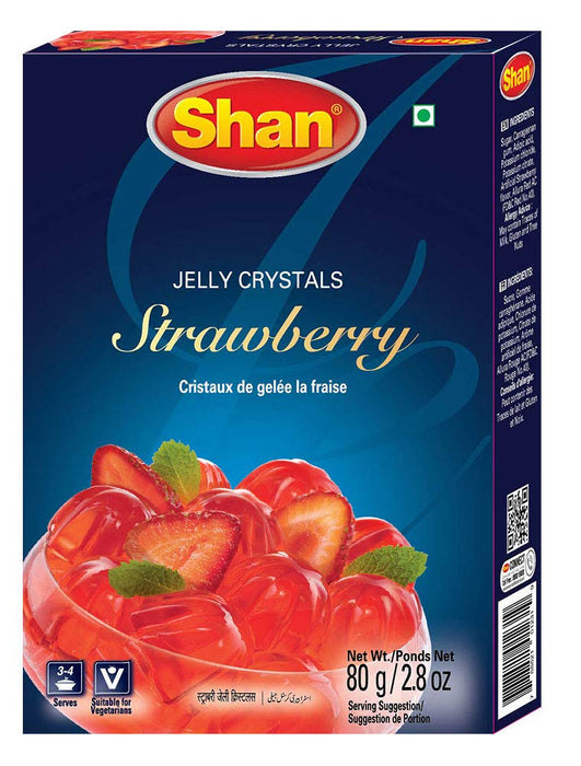 Shan Jelly Crystals Strawberry 2.8 oz (80g) - Cristaux De Gelee la Fraise - Quick and Easy Jello - Suitable for Vegetarians - Airtight Bag in a Box (Pack of 24)