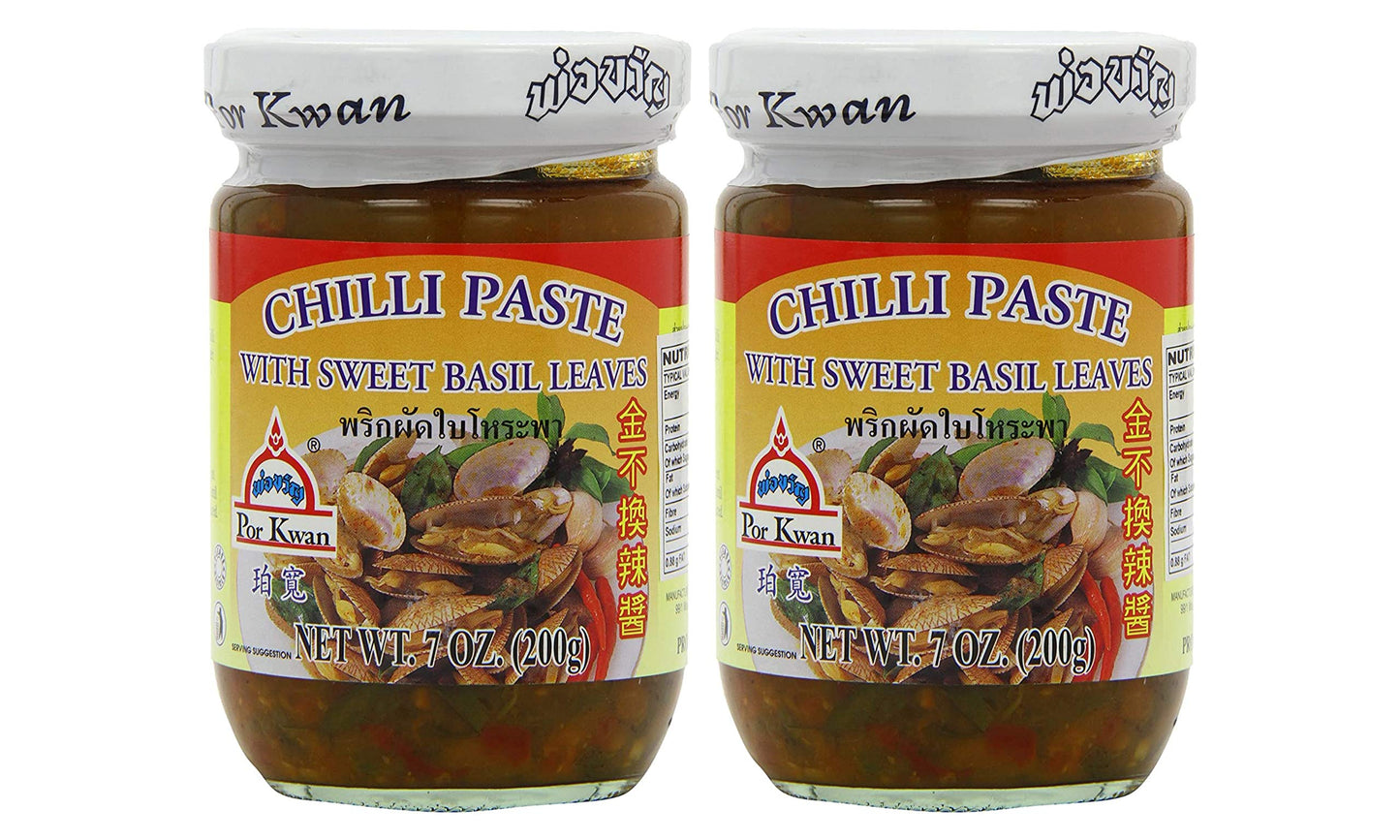 Por Kwan Thai Chili Paste with Sweet Basil Leaves (2 Pack, Total of 14oz)