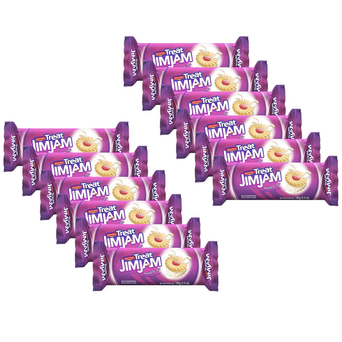 BRITANNIA Treat Naughty Jim Jam Sandwich Biscuits 3.52oz (100g) - Breakfast & Tea Time Snacks - Delicious Grocery Cookies - Suitable for Vegetarians (Pack of 12)