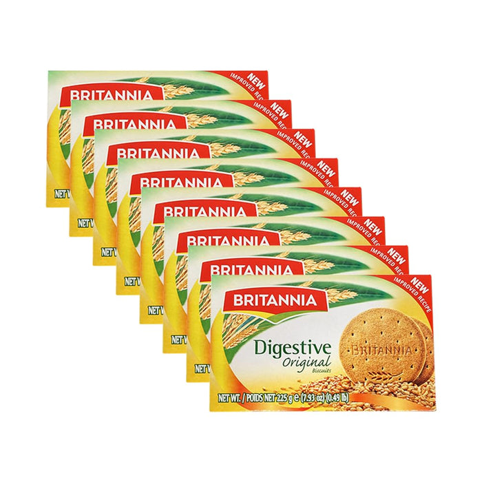 BRITANNIA Digestive Original Biscuits 7.93oz (225g) - Whole Wheat Flavor Cookies - Breakfast & Tea Time Healthy Snacks - Suitable for Vegetarians (Pack of 8)