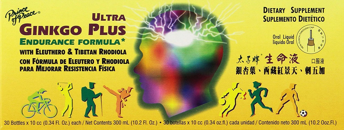 Prince Of Peace Ultra Ginkgo Plus, 30 Bottles, 0.34 fl. oz. Each Brain Boost Supplement Support for Active Lifestyles Ginkgo Biloba for Endurance