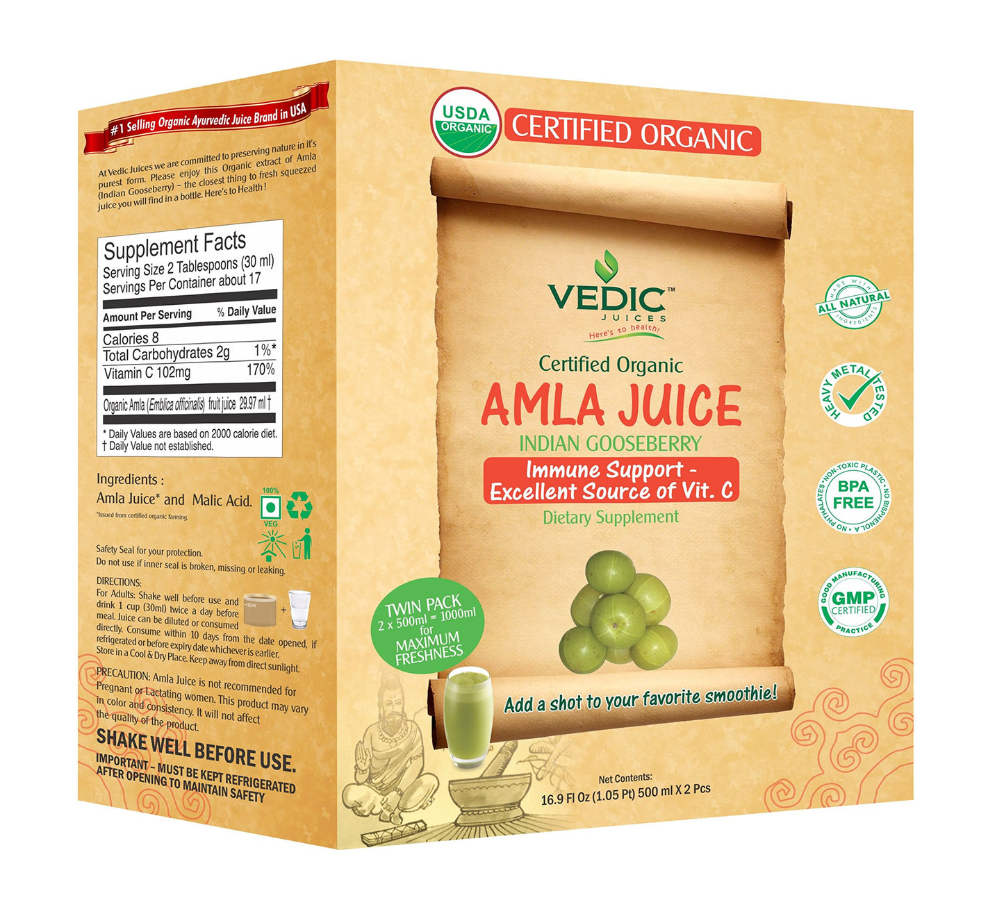 Vedic Organic Amla Juice | Immunity Boosting, Excellent Source of Vitamin C 500ml x 2