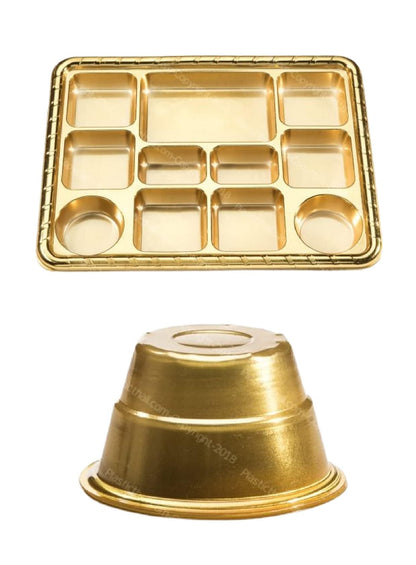 11 Compartment Disposable Gold Plates - Indian Thali Plastic Tray.