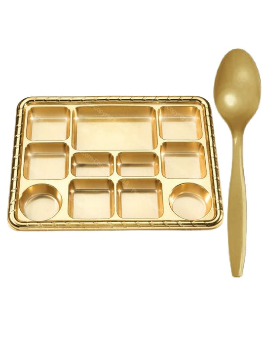 11 Compartment Disposable Gold Plates - Indian Thali Plastic Tray.